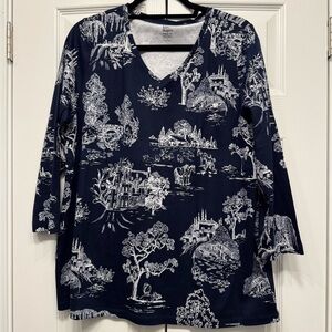 Kim Rogers Dark Blue and White V-Neck Top, Size L